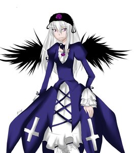 Rating: Safe Score: 0 Tags: 1girl black_wings cowboy_shot dress frills hairband image juliet_sleeves long_hair long_sleeves looking_at_viewer pink_eyes puffy_sleeves silver_hair smile solo standing suigintou white_background wings User: admin