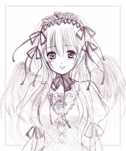 Rating: Safe Score: 0 Tags: 1girl blush dress hair_ribbon image lolita_hairband long_hair long_sleeves looking_at_viewer monochrome ribbon simple_background smile solo suigintou upper_body very_long_hair white_background User: admin