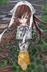 Rating: Safe Score: 0 Tags: 1girl animal_ears argyle argyle_background brown_hair checkered checkered_background checkered_floor dress image long_hair long_sleeves one_eye_closed red_eyes solo suiseiseki traditional_media very_long_hair watercolor_(medium) User: admin