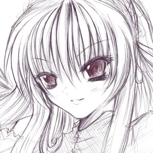 Rating: Safe Score: 0 Tags: 1girl close-up eyebrows_visible_through_hair greyscale image long_hair looking_at_viewer monochrome portrait simple_background smile solo suigintou white_background User: admin