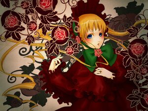 Rating: Safe Score: 0 Tags: 1girl blonde_hair blue_eyes blush bonnet bow capelet dress flower frills image long_hair long_sleeves looking_at_viewer red_dress rose shinku solo twintails User: admin