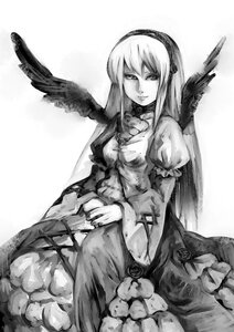 Rating: Safe Score: 0 Tags: 1girl black_wings dress feathered_wings feathers flower frills greyscale hairband image long_hair long_sleeves looking_at_viewer monochrome puffy_sleeves rose sitting solo suigintou wings User: admin