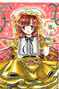 Rating: Safe Score: 0 Tags: 1girl brown_hair dress flower frills hat head_scarf heterochromia image long_hair long_sleeves looking_at_viewer red_eyes smile solo suiseiseki traditional_media very_long_hair User: admin