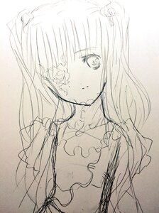 Rating: Safe Score: 0 Tags: 1girl flower frills hair_flower hair_ornament image kirakishou long_hair looking_at_viewer monochrome rose solo traditional_media upper_body User: admin