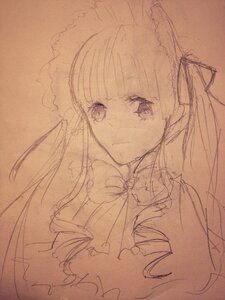 Rating: Safe Score: 0 Tags: 1girl bangs bow closed_mouth dress eyebrows_visible_through_hair frills image long_hair looking_at_viewer monochrome shinku simple_background sketch solo traditional_media upper_body User: admin