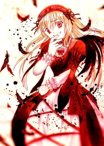 Rating: Safe Score: 0 Tags: 1girl auto_tagged blonde_hair blood blurry depth_of_field dress feathers hairband image lolita_hairband long_hair looking_at_viewer red_eyes smile solo suigintou wings User: admin