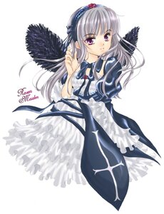 Rating: Safe Score: 0 Tags: 1girl bangs black_wings dress feathered_wings feathers flower frills hairband image long_hair long_sleeves looking_at_viewer purple_eyes ribbon silver_hair simple_background solo striped suigintou white_background wings User: admin