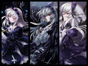Rating: Safe Score: 0 Tags: 1girl black_wings dress flower frills hairband image letterboxed long_hair long_sleeves looking_at_viewer multiple_views red_eyes silver_hair solo suigintou wings User: admin