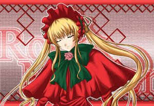 Rating: Safe Score: 0 Tags: 1girl blonde_hair bonnet bow bowtie capelet closed_eyes dress fence flower green_bow image long_hair long_sleeves rose shinku solo twintails User: admin
