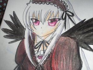 Rating: Safe Score: 0 Tags: 1girl bangs black_ribbon black_wings closed_mouth detached_collar dress feathered_wings flower frills hairband image long_hair long_sleeves looking_at_viewer pink_eyes ribbon rose silver_hair solo suigintou traditional_media wings User: admin