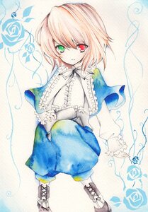 Rating: Safe Score: 0 Tags: 1girl blonde_hair blue_flower blue_rose flower green_eyes heterochromia image long_sleeves red_eyes rose short_hair smile solo souseiseki traditional_media watercolor_(medium) User: admin