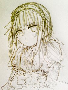 Rating: Safe Score: 0 Tags: 1girl auto_tagged dress frills hairband image long_hair long_sleeves looking_at_viewer monochrome simple_background sketch solo suigintou traditional_media upper_body User: admin