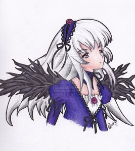 Rating: Safe Score: 0 Tags: 1girl black_wings cross-laced_clothes detached_collar dress flower frills hairband image long_hair long_sleeves looking_at_viewer pink_eyes ribbon rose silver_hair simple_background solo suigintou traditional_media upper_body white_background wings User: admin