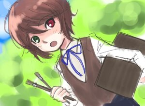 Rating: Safe Score: 0 Tags: 1girl :o blue_neckwear blue_ribbon blurry blush brown_hair green_eyes heterochromia holding image long_sleeves looking_at_viewer open_mouth red_eyes ribbon short_hair solo souseiseki suiseiseki User: admin