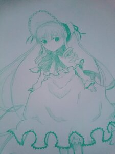 Rating: Safe Score: 0 Tags: 1girl bonnet bow bowtie closed_mouth dress expressionless frills green_eyes hat image long_hair long_sleeves looking_at_viewer shinku solo standing traditional_media very_long_hair User: admin