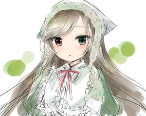 Rating: Safe Score: 0 Tags: 1girl bangs blush brown_hair closed_mouth dress eyebrows_visible_through_hair frills green_eyes image long_hair looking_at_viewer neck_ribbon ribbon solo suiseiseki swept_bangs upper_body very_long_hair white_background User: admin