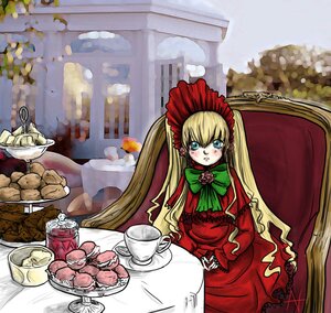 Rating: Safe Score: 0 Tags: 1girl blonde_hair blue_eyes blush bonnet bow bowtie cake capelet cup dress flower food green_bow image long_hair long_sleeves looking_at_viewer pastry red_dress saucer shinku sitting solo table tea teacup teapot twintails very_long_hair User: admin