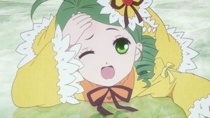 Rating: Safe Score: 0 Tags: 1girl blush dress drill_hair green_eyes green_hair hat image kanaria long_sleeves one_eye_closed open_mouth ribbon smile solo twin_drills wide_sleeves yellow_dress User: admin