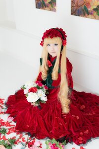 Rating: Safe Score: 0 Tags: 1girl blonde_hair blue_eyes bouquet dress flower long_hair looking_at_viewer red_dress red_flower red_rose rose shinku sitting solo very_long_hair User: admin