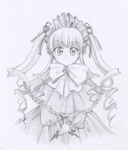 Rating: Safe Score: 0 Tags: 1girl blush bow bowtie capelet dress drill_hair frills full_body image long_hair long_sleeves looking_at_viewer monochrome shinku smile solo standing twin_drills twintails User: admin