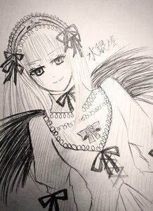 Rating: Safe Score: 0 Tags: 1girl black_wings blush detached_collar dress feathered_wings flower greyscale hairband image lolita_hairband long_hair long_sleeves looking_at_viewer monochrome ribbon smile solo suigintou traditional_media upper_body wings User: admin