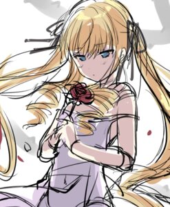 Rating: Safe Score: 0 Tags: 1girl bangs bare_shoulders black_ribbon blonde_hair blue_eyes dress drill_hair eyebrows_visible_through_hair flower hair_ribbon holding image long_hair parted_lips red_flower red_rose ribbon rose shinku sketch solo twin_drills twintails very_long_hair User: admin