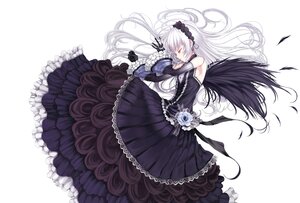 Rating: Safe Score: 0 Tags: 1girl black_wings dress flower frills hairband image lolita_fashion lolita_hairband long_hair red_eyes rose solo suigintou white_hair wings User: admin