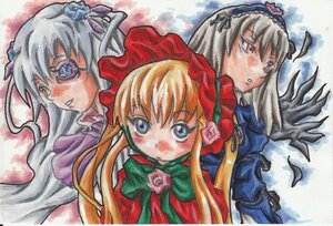 Rating: Safe Score: 0 Tags: 3girls blonde_hair blue_eyes bow dress flower green_neckwear hairband heterochromia image long_hair long_sleeves looking_at_viewer marker_(medium) multiple multiple_girls red_dress red_eyes rose shinku silver_hair suigintou tagme traditional_media watercolor_(medium) wings User: admin