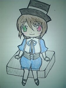 Rating: Safe Score: 0 Tags: 1girl blush brown_hair capelet chibi dress gloves green_eyes hat heterochromia image long_sleeves looking_at_viewer red_eyes ribbon short_hair simple_background smile solo souseiseki standing top_hat traditional_media User: admin