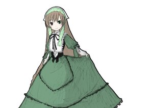 Rating: Safe Score: 0 Tags: 1girl black_ribbon blush brown_hair closed_mouth dress frills green_dress green_eyes hairband image lolita_fashion long_hair long_sleeves looking_at_viewer ribbon simple_background smile solo standing suiseiseki very_long_hair white_background User: admin