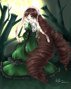 Rating: Safe Score: 0 Tags: 1girl artist_name brown_hair dress drill_hair frills green_eyes image long_hair long_sleeves moon red_eyes ringlets signature solo suiseiseki twin_drills very_long_hair User: admin
