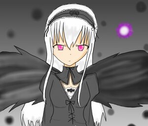 Rating: Safe Score: 0 Tags: 1girl black_dress black_wings detached_collar dress expressionless feathered_wings flower frills grey_background hairband image long_hair long_sleeves looking_at_viewer pink_eyes ribbon silver_hair solo suigintou upper_body wings User: admin