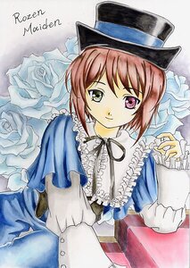 Rating: Safe Score: 0 Tags: 1girl blue_dress dress flower frills green_eyes hat heterochromia image long_sleeves looking_at_viewer marker_(medium) millipen_(medium) pink_rose red_eyes rose short_hair solo souseiseki top_hat traditional_media white_flower white_rose User: admin