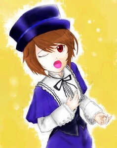 Rating: Safe Score: 0 Tags: 1girl :o ;o blue_dress blue_headwear brown_hair buttons hat image long_sleeves looking_at_viewer one_eye_closed open_mouth red_eyes ribbon short_hair simple_background skirt solo souseiseki yellow_background User: admin