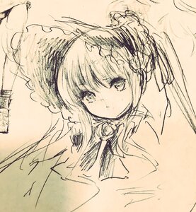 Rating: Safe Score: 0 Tags: 1girl bangs eyebrows_visible_through_hair flower image long_hair monochrome rose shinku solo traditional_media twintails upper_body User: admin