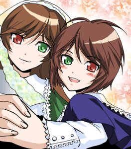 Rating: Safe Score: 0 Tags: 2girls :d blush brown_hair dress frills green_dress green_eyes heterochromia image long_sleeves looking_at_viewer multiple_girls open_mouth pair red_eyes short_hair siblings sisters smile souseiseki suiseiseki twins User: admin