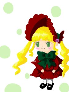 Rating: Safe Score: 0 Tags: 1girl blonde_hair blush_stickers bonnet bow bowtie dress flower full_body green_bow green_eyes image long_hair long_sleeves polka_dot polka_dot_background red_dress rose shinku solo standing User: admin