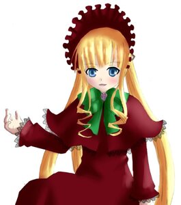 Rating: Safe Score: 0 Tags: 1girl blonde_hair blue_eyes blush bonnet bow bowtie capelet dress green_bow green_neckwear image long_hair long_sleeves looking_at_viewer red_dress shinku simple_background solo twintails very_long_hair white_background User: admin