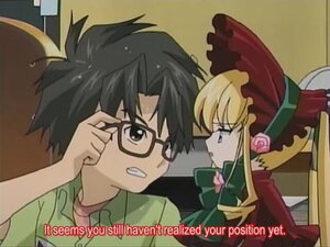 Rating: Safe Score: 0 Tags: 1boy 1girl black_hair blonde_hair bonnet clenched_teeth glasses image long_hair long_sleeves looking_at_another profile shinku solo subtitled upper_body User: admin