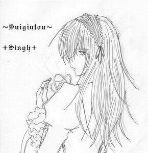 Rating: Safe Score: 0 Tags: 1girl bare_shoulders dress greyscale hairband image long_hair long_sleeves looking_at_viewer monochrome profile ribbon simple_background solo suigintou upper_body white_background User: admin