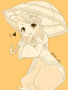 Rating: Safe Score: 0 Tags: 1girl :d blush dress drill_hair frills heart holding holding_umbrella image kanaria long_sleeves open_mouth orange_background parasol ribbon simple_background smile solo twin_drills twitter_username umbrella yellow_background User: admin