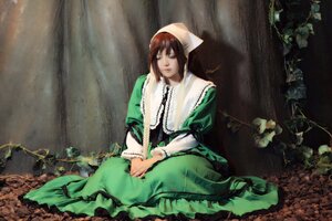 Rating: Safe Score: 0 Tags: 1girl brown_hair closed_eyes dress green_dress head_scarf long_sleeves sitting solo suiseiseki water User: admin