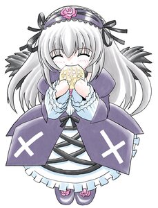 Rating: Safe Score: 0 Tags: 1girl black_wings blush closed_eyes dress eating flower food frilled_sleeves frills full_body hairband holding image long_hair long_sleeves ribbon rose silver_hair solo standing striped suigintou white_background wings User: admin
