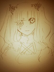 Rating: Safe Score: 0 Tags: 1girl bangs dress flower frills hair_flower hair_ornament image kirakishou long_hair looking_at_viewer monochrome rose sketch solo traditional_media upper_body User: admin