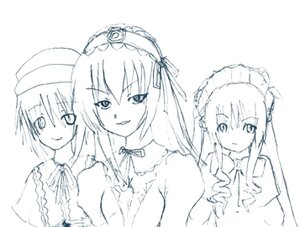 Rating: Safe Score: 0 Tags: 3girls :d frills greyscale hands_on_own_chest hat image long_hair long_sleeves looking_at_viewer monochrome multiple multiple_girls open_mouth siblings simple_background smile suigintou tagme upper_body white_background User: admin