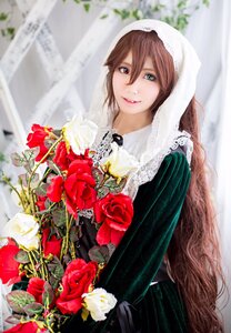 Rating: Safe Score: 0 Tags: 1girl blurry blurry_background bouquet brown_hair depth_of_field dress flower green_eyes head_scarf heterochromia lips long_hair looking_at_viewer red_flower red_rose rose smile solo souseiseki suiseiseki very_long_hair User: admin