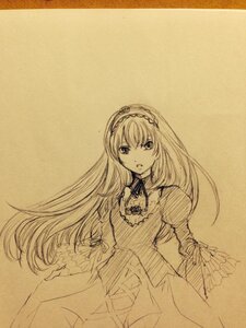 Rating: Safe Score: 0 Tags: 1girl dress frills hairband image long_hair long_sleeves looking_at_viewer monochrome simple_background solo suigintou traditional_media very_long_hair User: admin