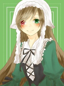 Rating: Safe Score: 0 Tags: 1girl blush brown_hair corset dress frills green_background green_dress green_eyes head_scarf heterochromia image long_hair long_sleeves looking_at_viewer red_eyes ribbon simple_background smile solo suiseiseki upper_body very_long_hair User: admin