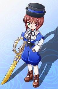 Rating: Safe Score: 0 Tags: 1girl boots bow brown_footwear brown_hair frills full_body green_eyes hat heterochromia image long_sleeves looking_at_viewer red_eyes ribbon short_hair shorts solo souseiseki standing top_hat weapon User: admin