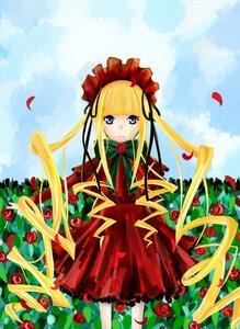 Rating: Safe Score: 0 Tags: 1girl blonde_hair blue_eyes dress flower image long_hair looking_at_viewer petals red_dress red_flower red_rose rose rose_petals shinku sky solo twintails very_long_hair User: admin